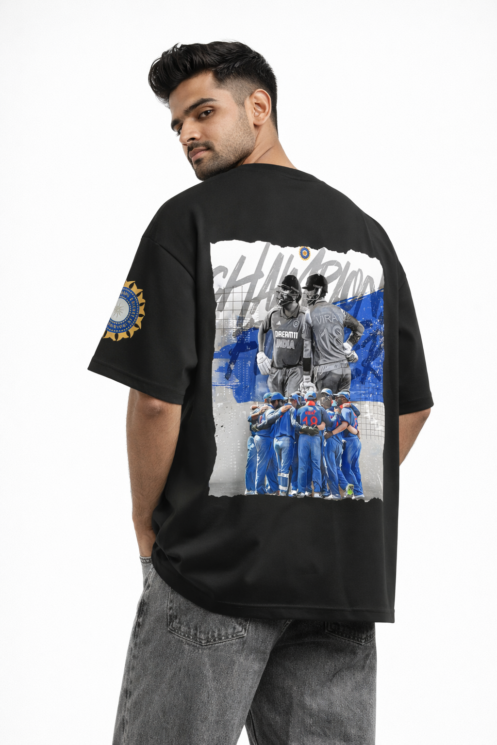 Champions Oversized Black T-Shirt – Indian Cricket Tribute Graphic Tee