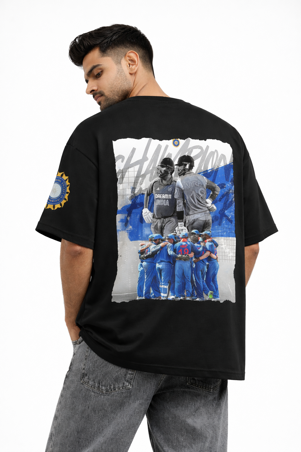 Champions Oversized Black T-Shirt – Indian Cricket Tribute Graphic Tee