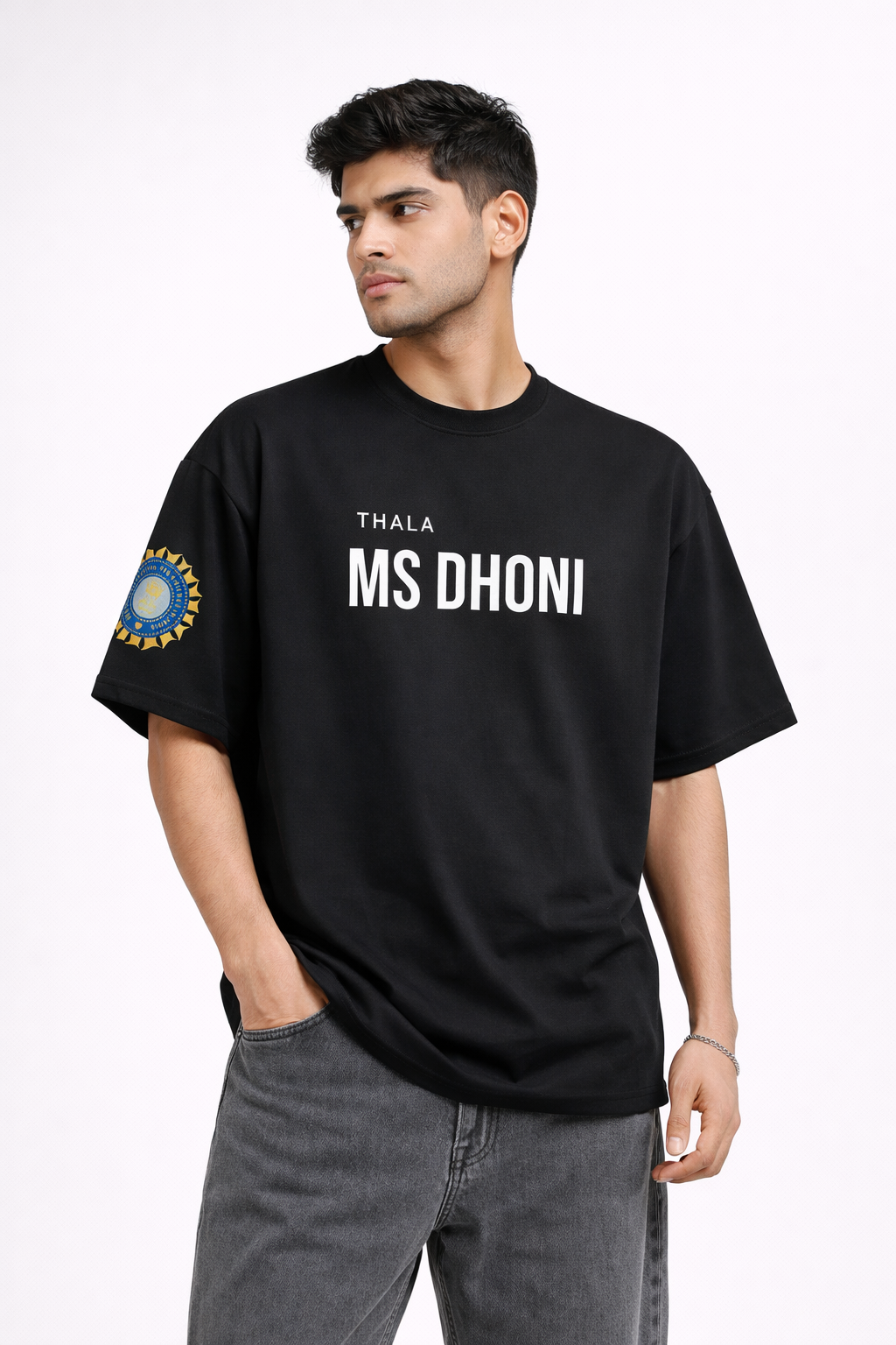 MS Dhoni Thala Oversized Black T-Shirt – Legend of the Era Back Print Cricket Tee