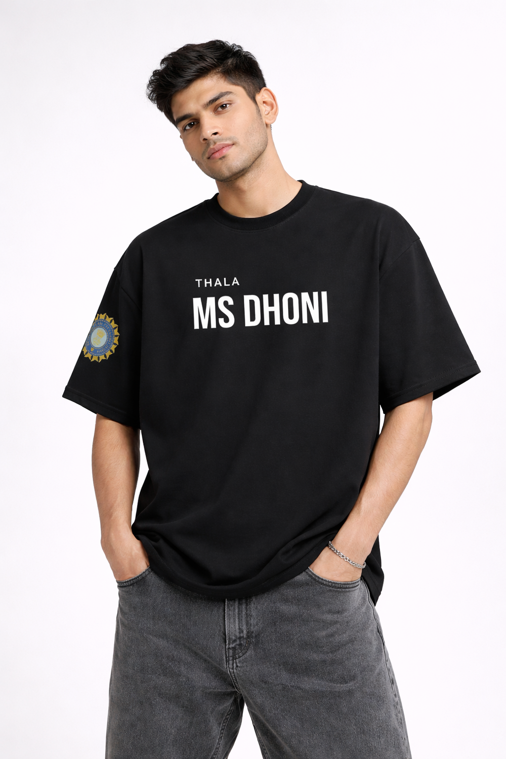 MS Dhoni Thala Oversized Black T-Shirt – Legend of the Era Back Print Cricket Tee