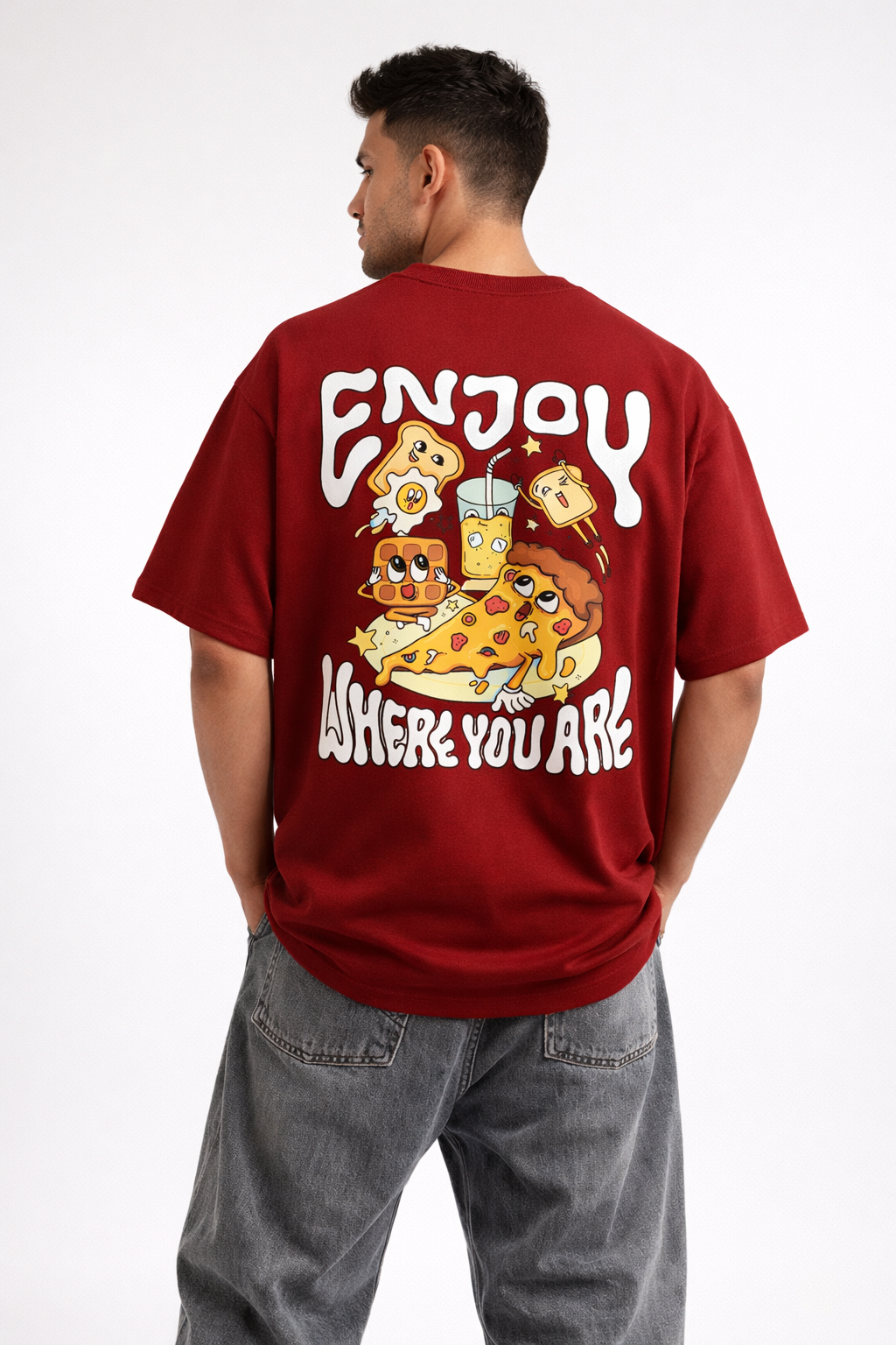 Enjoy Where You Are Oversized Unisex T-Shirt – Maroon Graphic Back Print Tee