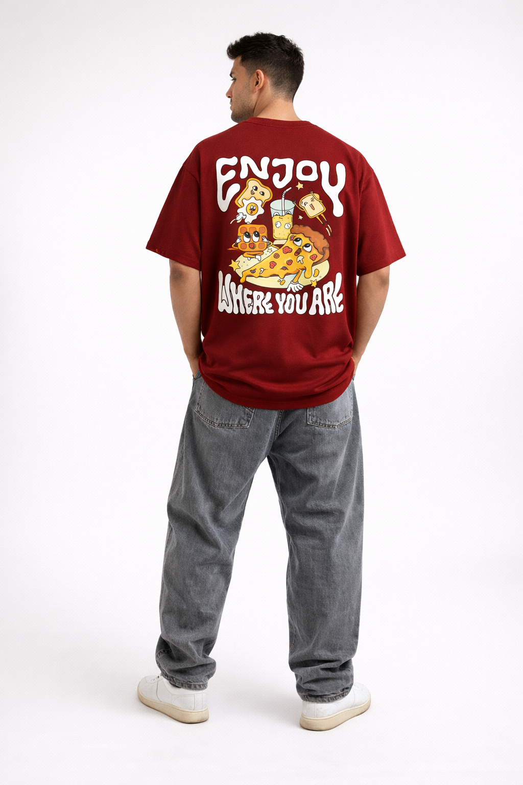 Enjoy Where You Are Oversized Unisex T-Shirt – Maroon Graphic Back Print Tee