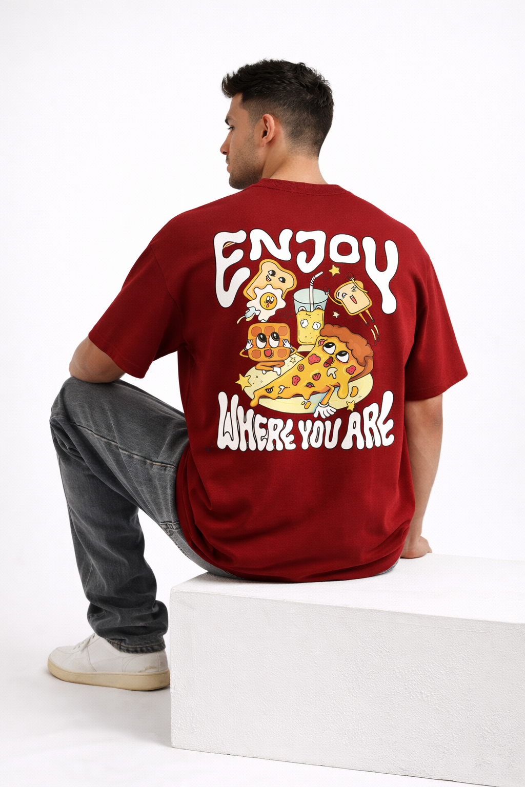 Enjoy Where You Are Oversized Unisex T-Shirt – Maroon Graphic Back Print Tee