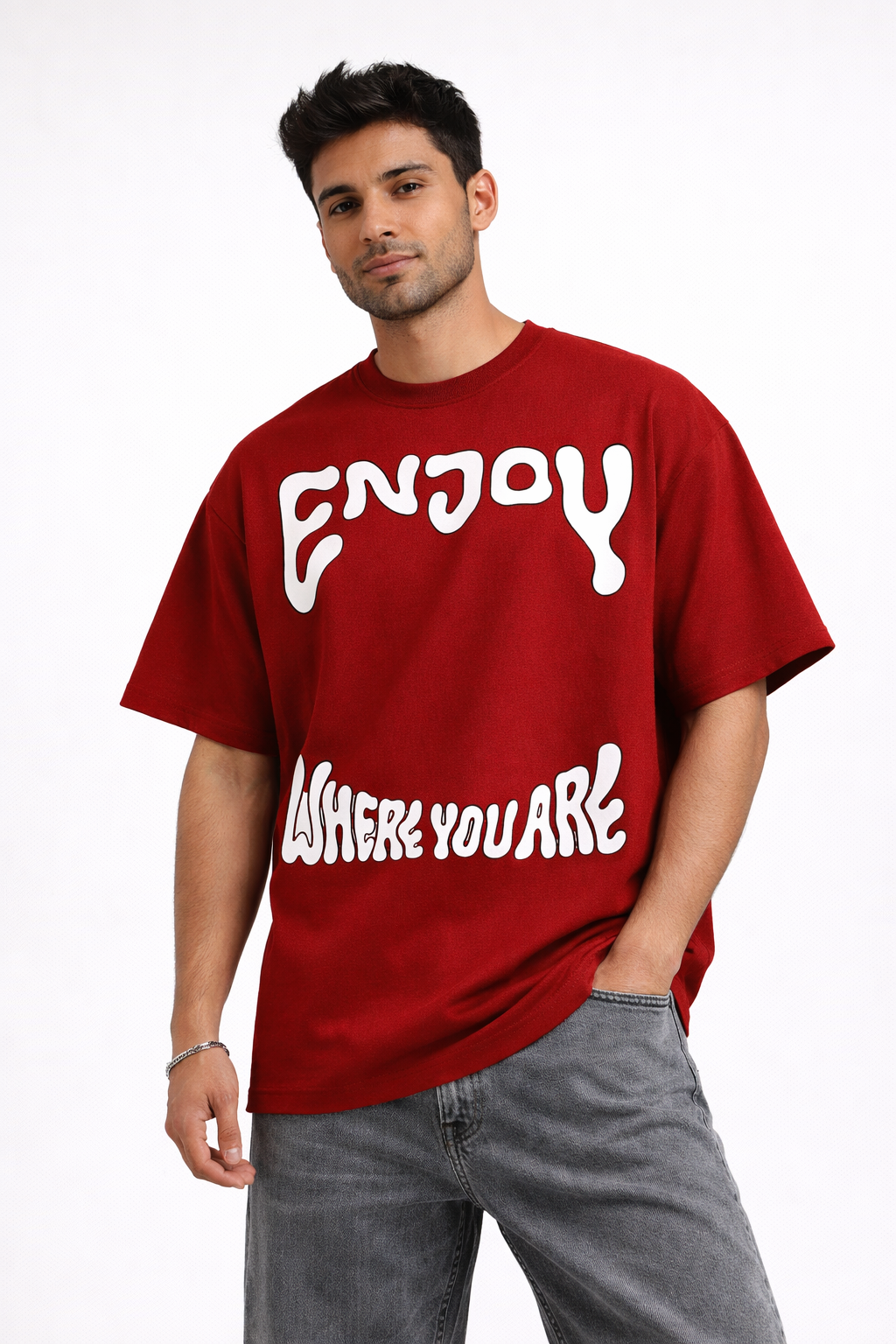 Enjoy Where You Are Oversized Unisex T-Shirt – Maroon Graphic Back Print Tee