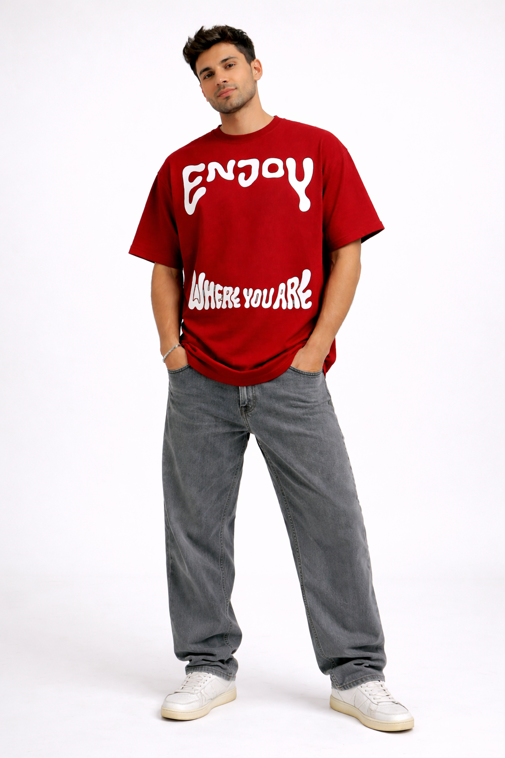 Enjoy Where You Are Oversized Unisex T-Shirt – Maroon Graphic Back Print Tee