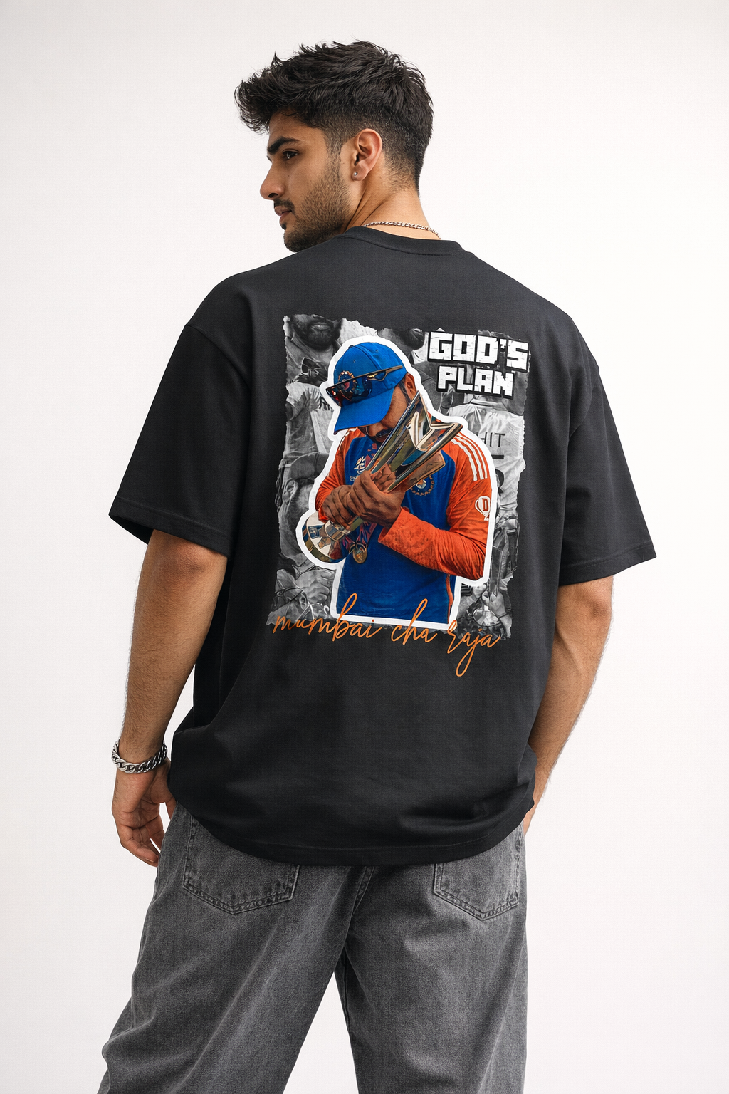 Rohit 45 God's Plan Oversized T-Shirt – Black | Mumbai Cha Raja Fan Tee | Unisex