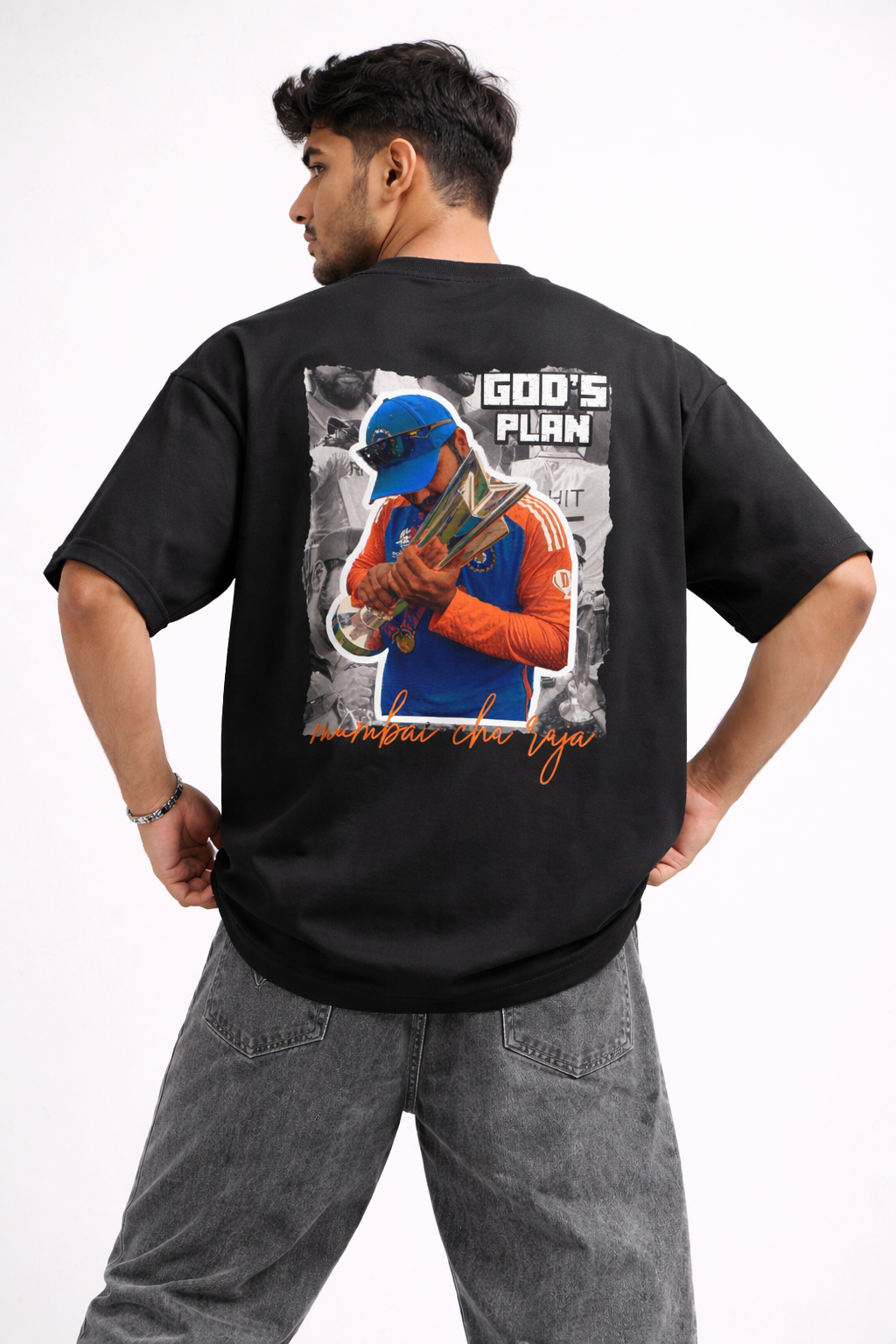Rohit 45 God's Plan Oversized T-Shirt – Black | Mumbai Cha Raja Fan Tee | Unisex