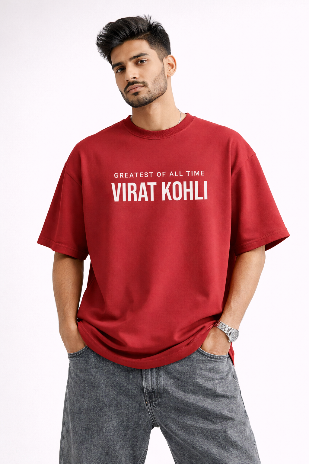 Virat Kohli GOAT Oversized T-Shirt – Red | Greatest Of All Time Graphic Back Print | RCB Fan Edition Streetwear Tee