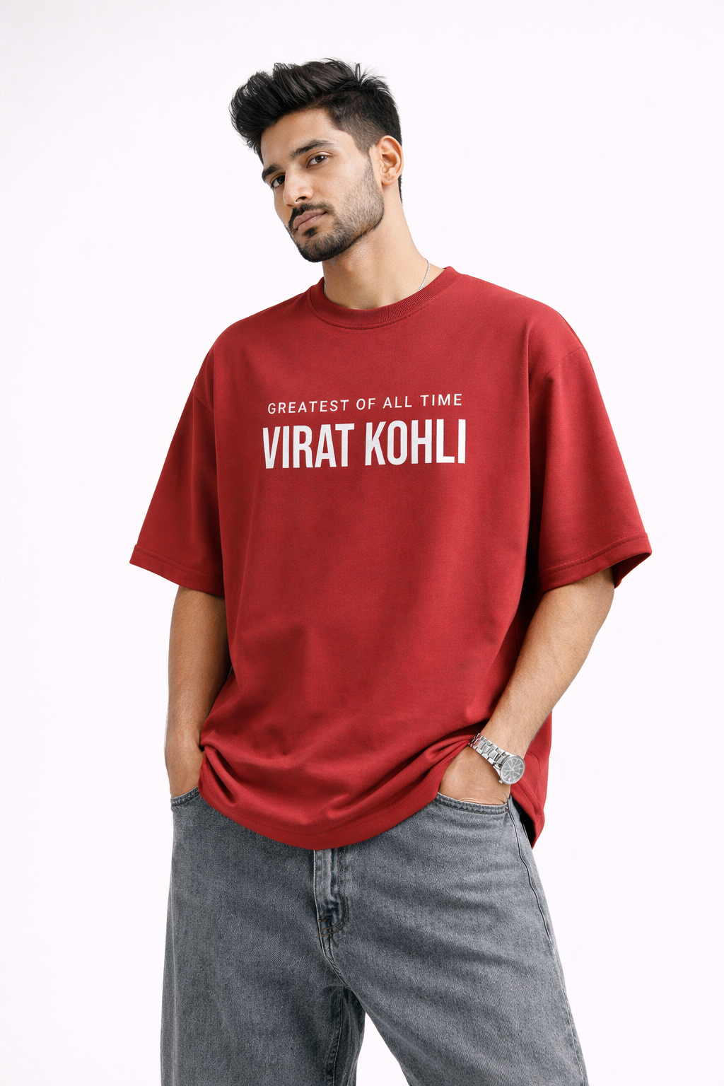 Virat Kohli GOAT Oversized T-Shirt – Red | Greatest Of All Time Graphic Back Print | RCB Fan Edition Streetwear Tee