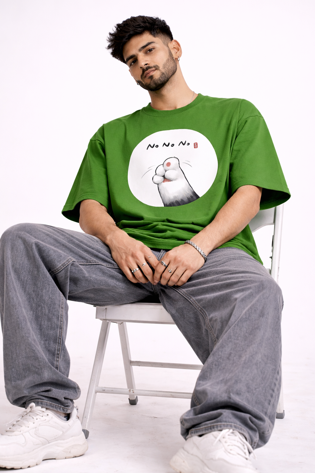 No No No Cat Oversized Unisex T-Shirt – Cute Graphic Streetwear Tee | Parrot Green