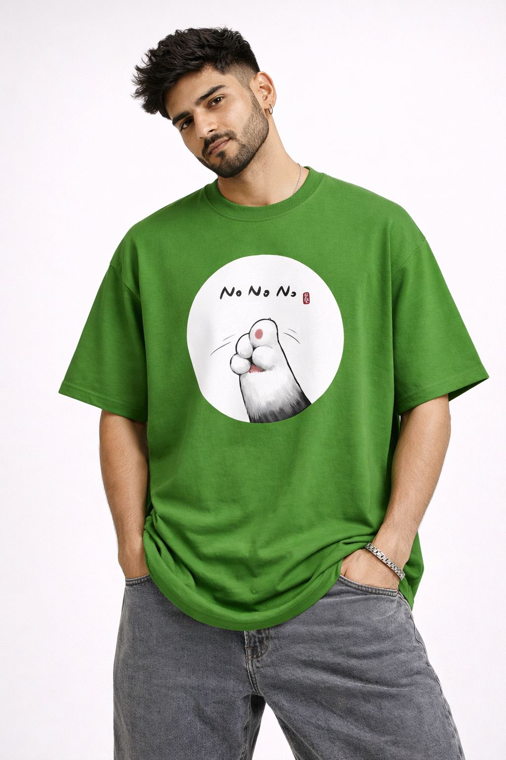 No No No Cat Oversized Unisex T-Shirt – Cute Graphic Streetwear Tee | Parrot Green