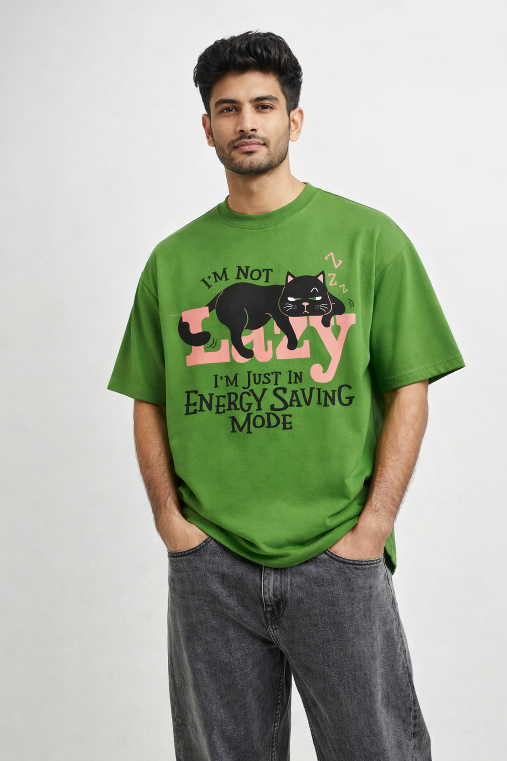 I’m Not Lazy Oversized T-Shirt for Men – Parrot Green Graphic Cotton Streetwear Tee