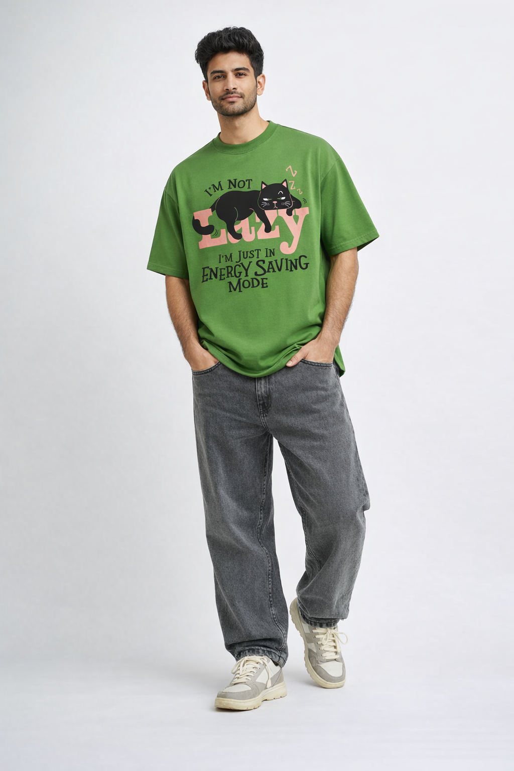 I’m Not Lazy Oversized T-Shirt for Men – Parrot Green Graphic Cotton Streetwear Tee