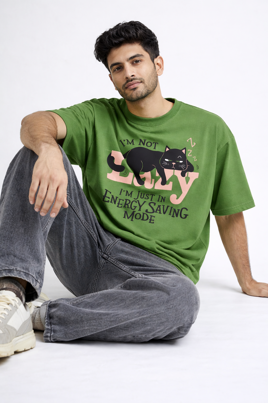 I’m Not Lazy Oversized T-Shirt for Men – Parrot Green Graphic Cotton Streetwear Tee