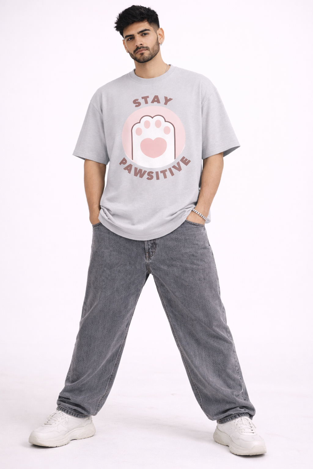 Stay Pawsitive Oversized Graphic T-Shirt – Light Grey | Cute Paw Print Unisex Streetwear Tee