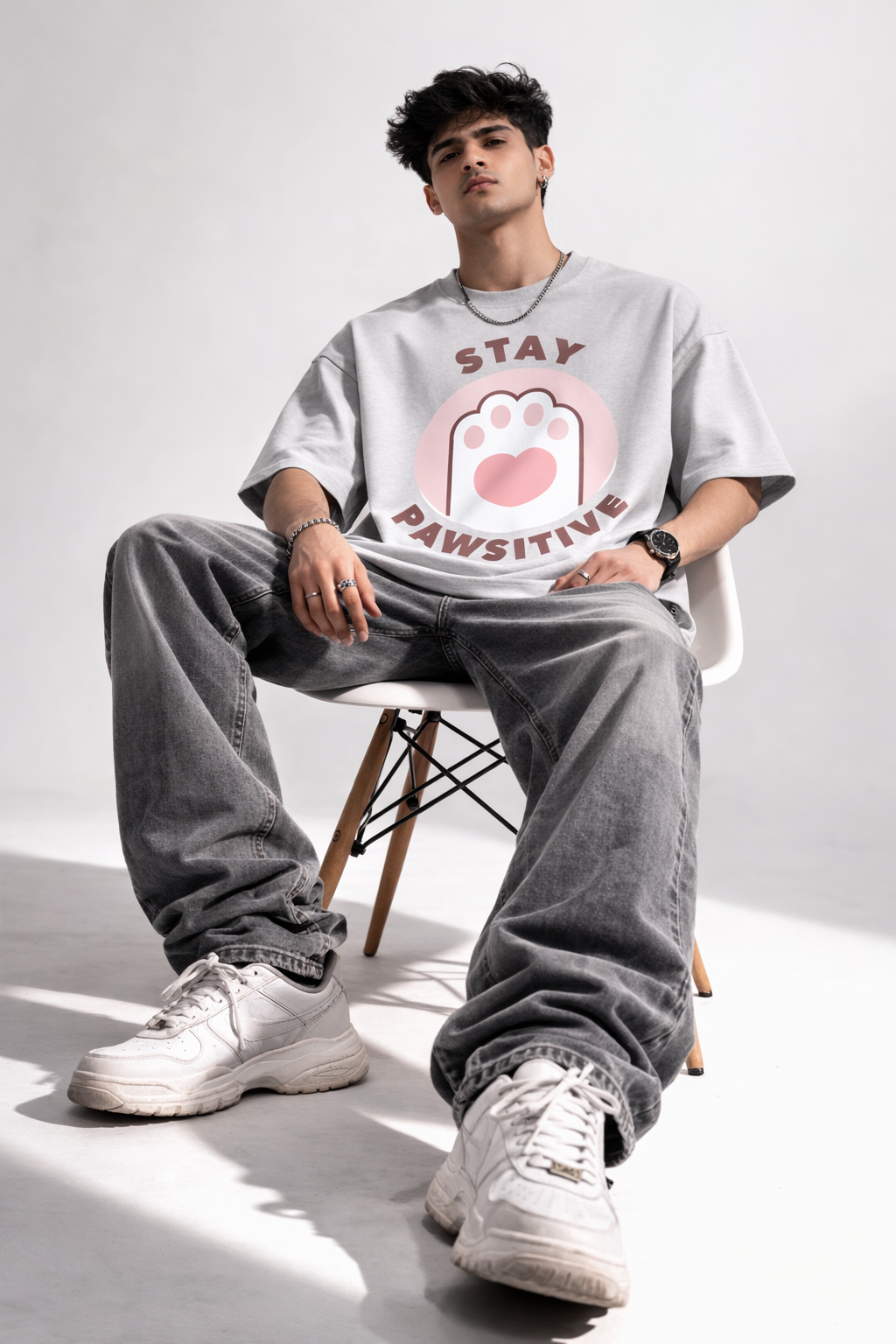 Stay Pawsitive Oversized Graphic T-Shirt – Light Grey | Cute Paw Print Unisex Streetwear Tee