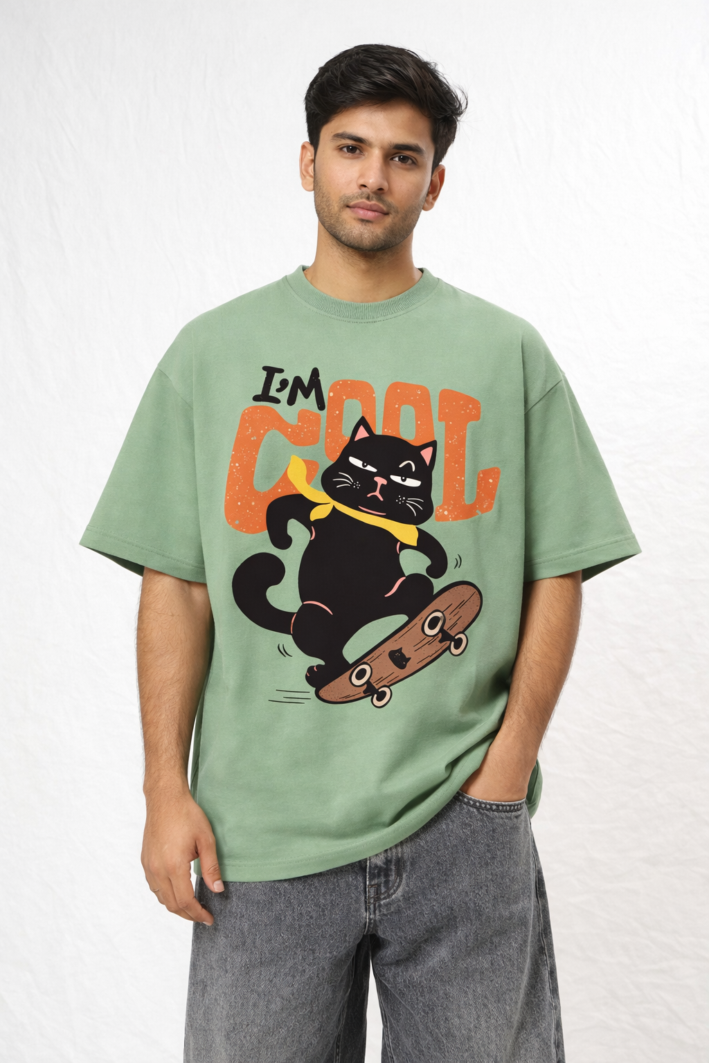 I’m Cool Cat Oversized Mint Green T-Shirt – Skateboard Graphic Streetwear Tee