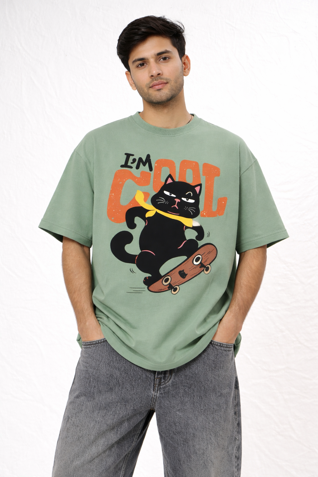 I’m Cool Cat Oversized Mint Green T-Shirt – Skateboard Graphic Streetwear Tee