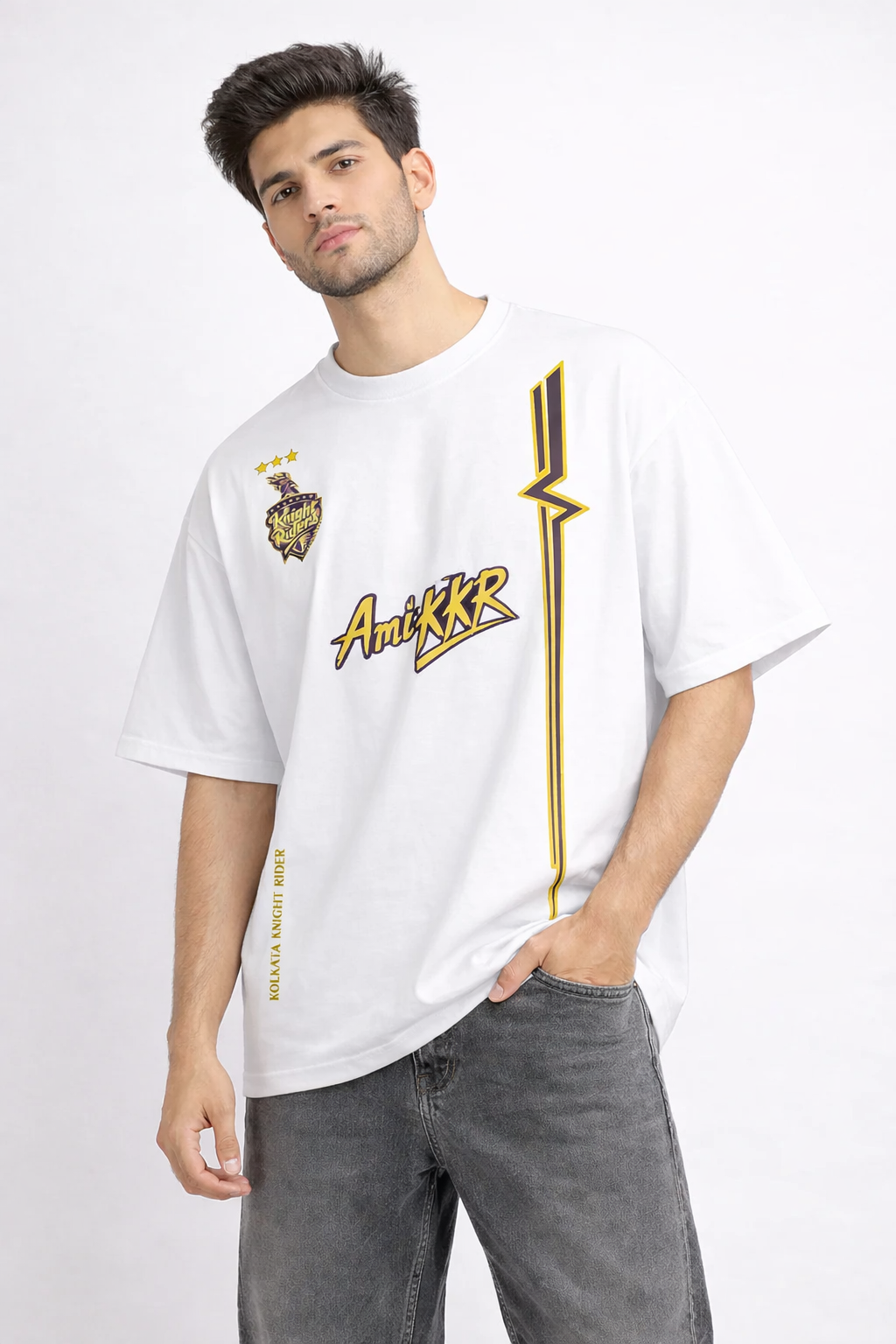 Ami KKR – Kolkata Fan Edition Oversized T-Shirt | IPL Fan Jersey | Streetwear Cricket Tee White