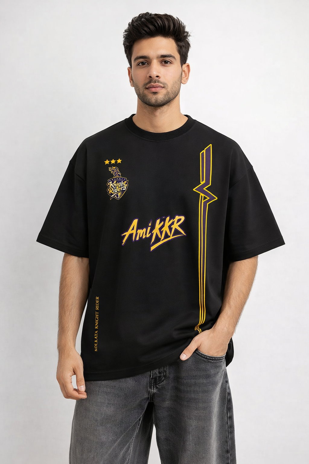 Ami KKR – Kolkata Fan Edition Oversized T-Shirt | IPL Fan Jersey | Streetwear Cricket Tee Black