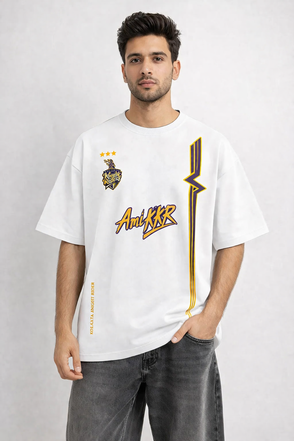 Ami KKR – Kolkata Fan Edition Oversized T-Shirt | IPL Fan Jersey | Streetwear Cricket Tee White