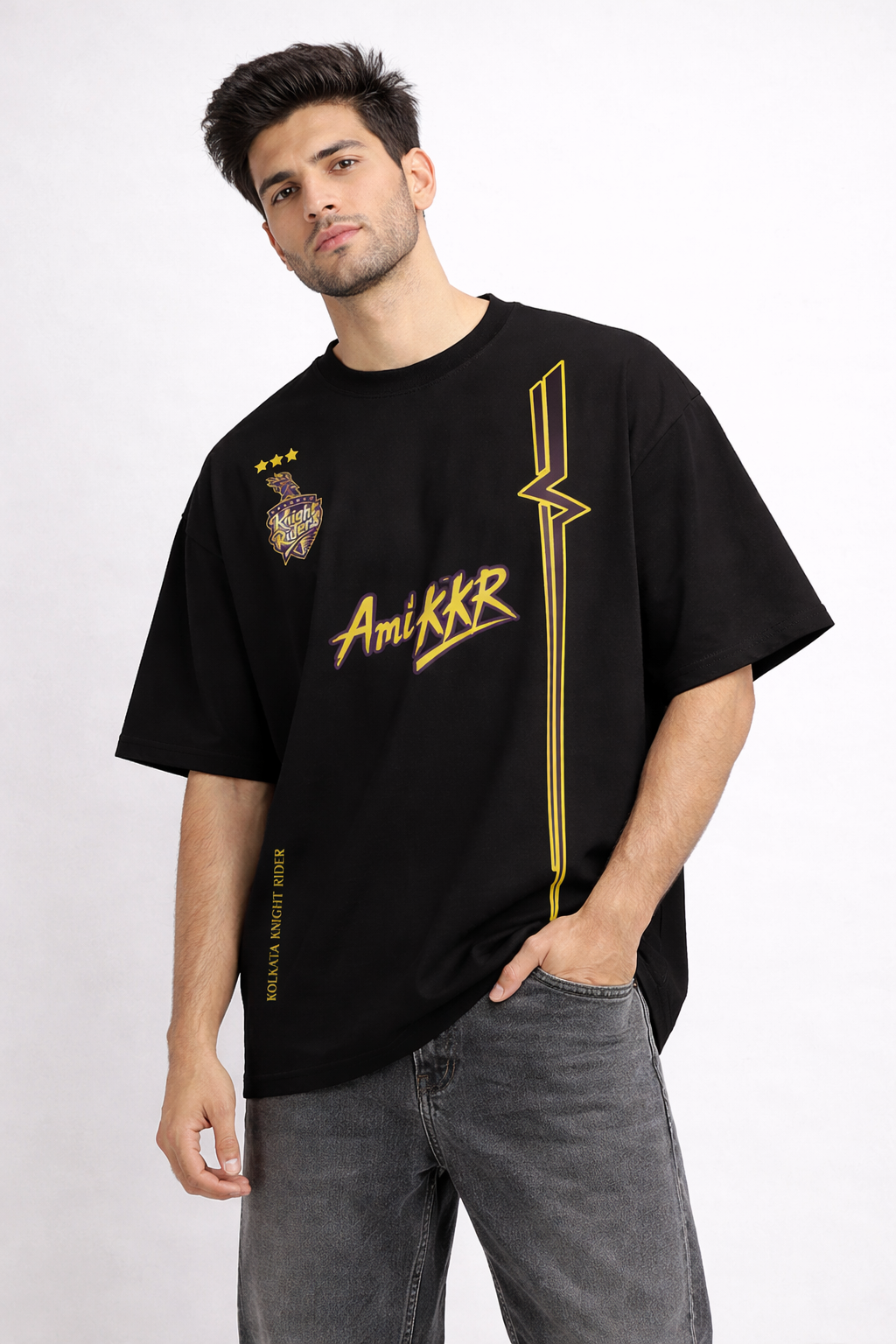 Ami KKR – Kolkata Fan Edition Oversized T-Shirt | IPL Fan Jersey | Streetwear Cricket Tee Black