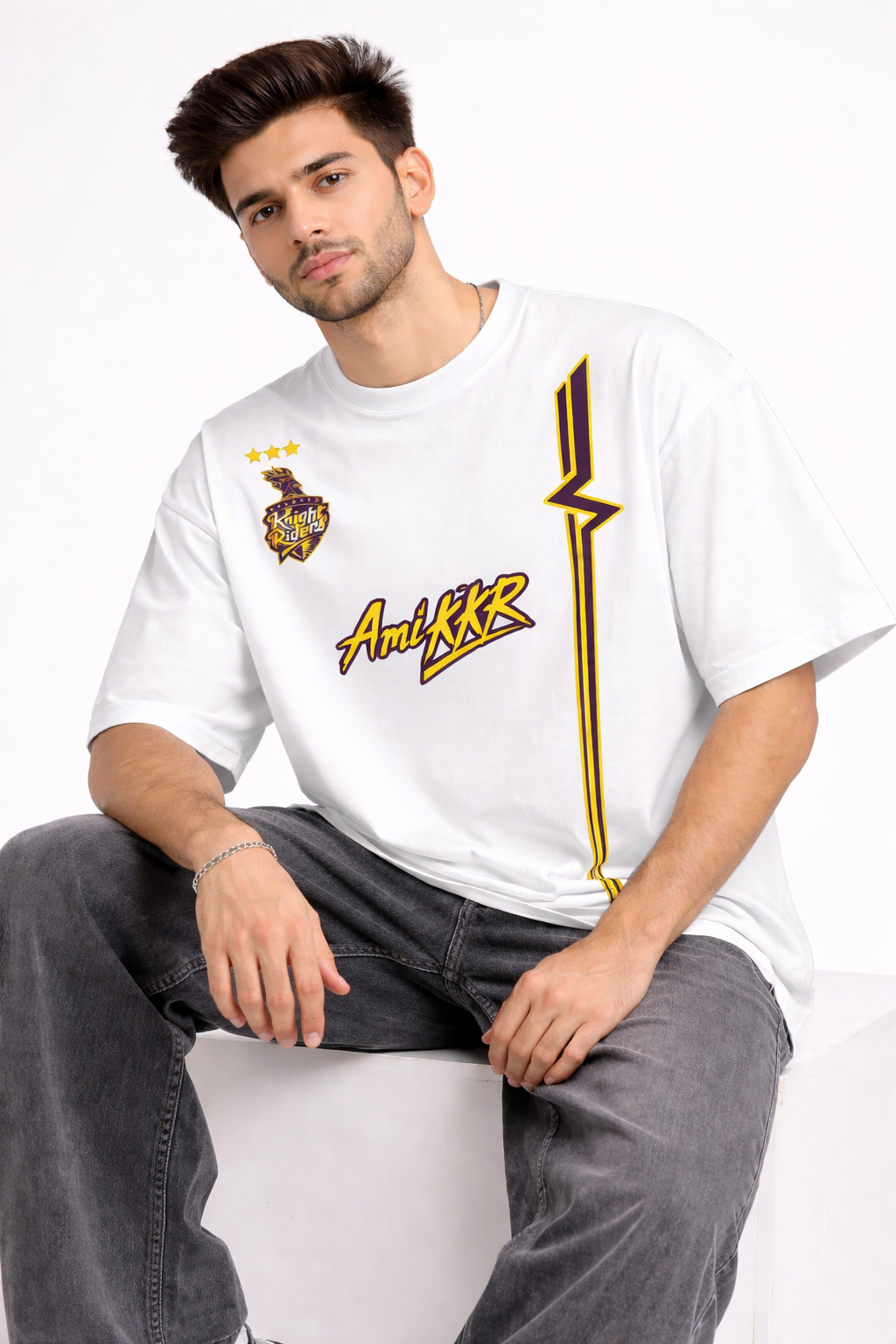 Ami KKR – Kolkata Fan Edition Oversized T-Shirt | IPL Fan Jersey | Streetwear Cricket Tee White