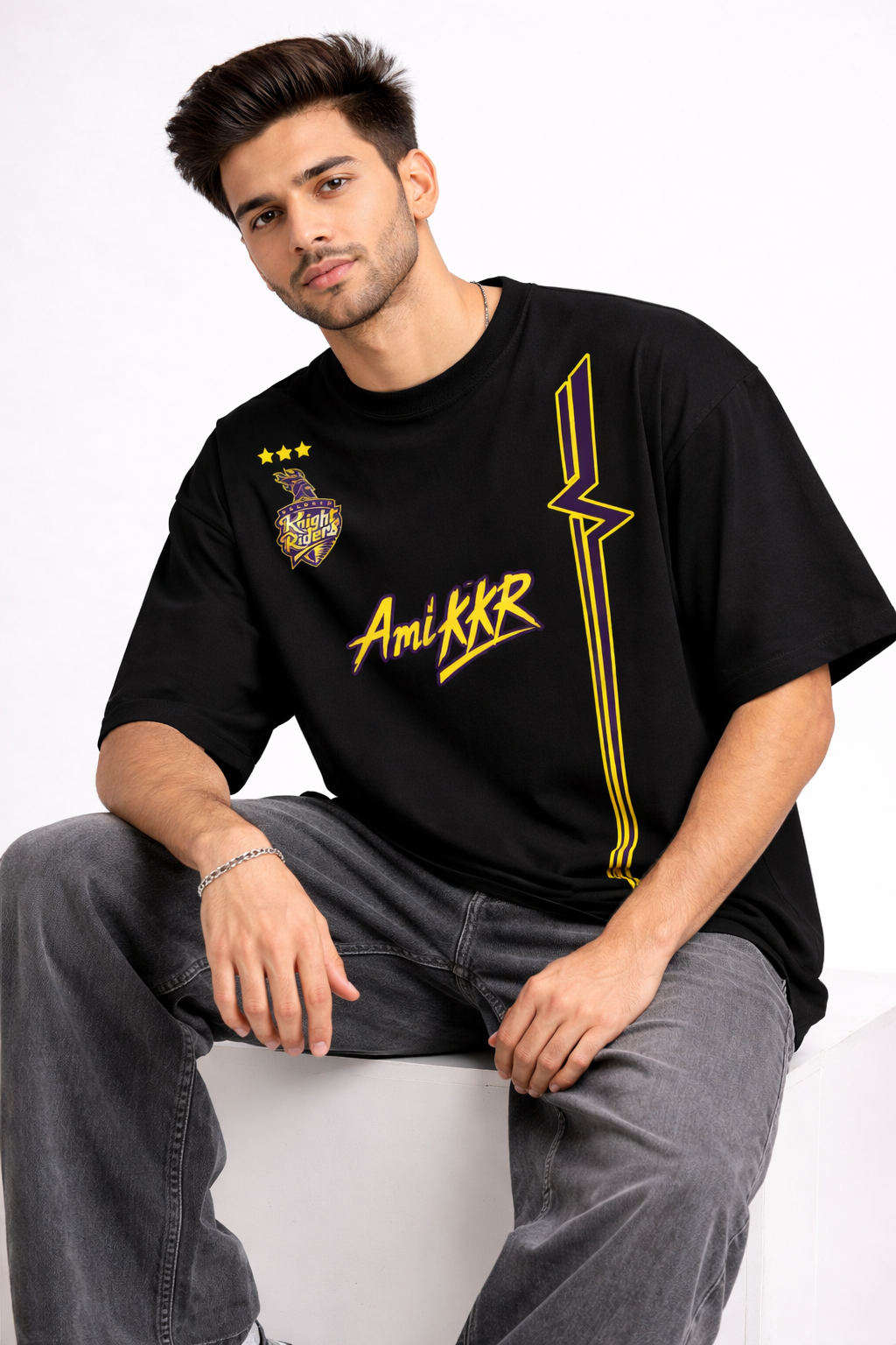 Ami KKR – Kolkata Fan Edition Oversized T-Shirt | IPL Fan Jersey | Streetwear Cricket Tee Black