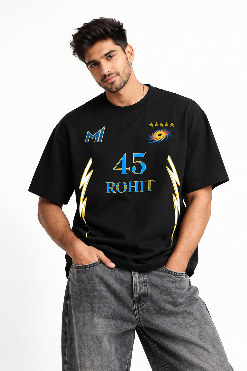 Rohit 45 – Mumbai Fan Edition Oversized T-Shirt | IPL Fan Jersey | Oversized Cricket T-Shirt Black