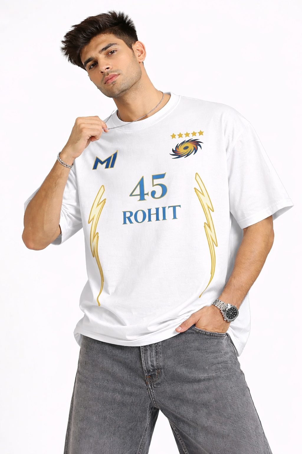 Rohit 45 – Mumbai Fan Edition Oversized T-Shirt | IPL Fan Jersey | Oversized Cricket T-Shirt White