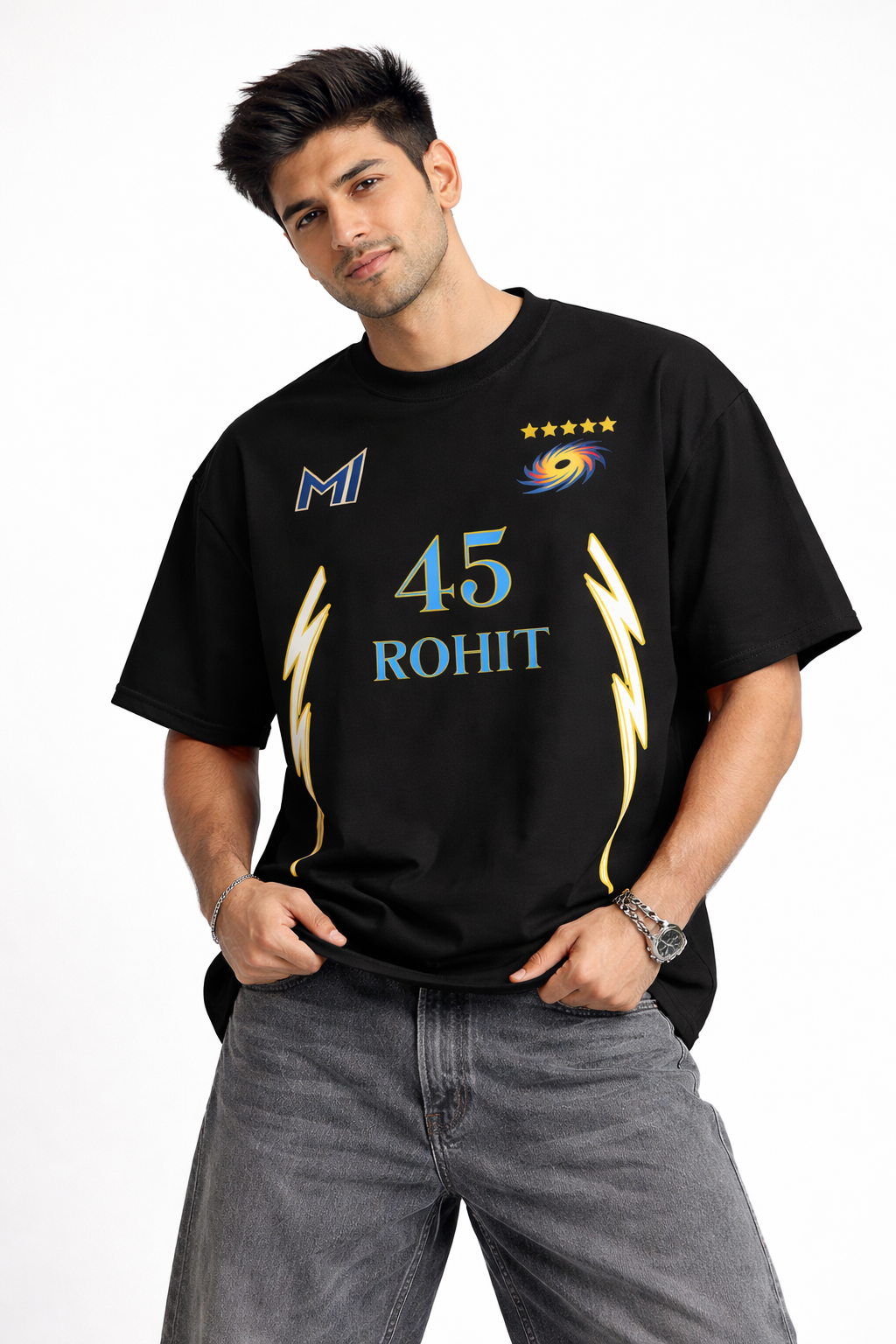 Rohit 45 – Mumbai Fan Edition Oversized T-Shirt | IPL Fan Jersey | Oversized Cricket T-Shirt Black