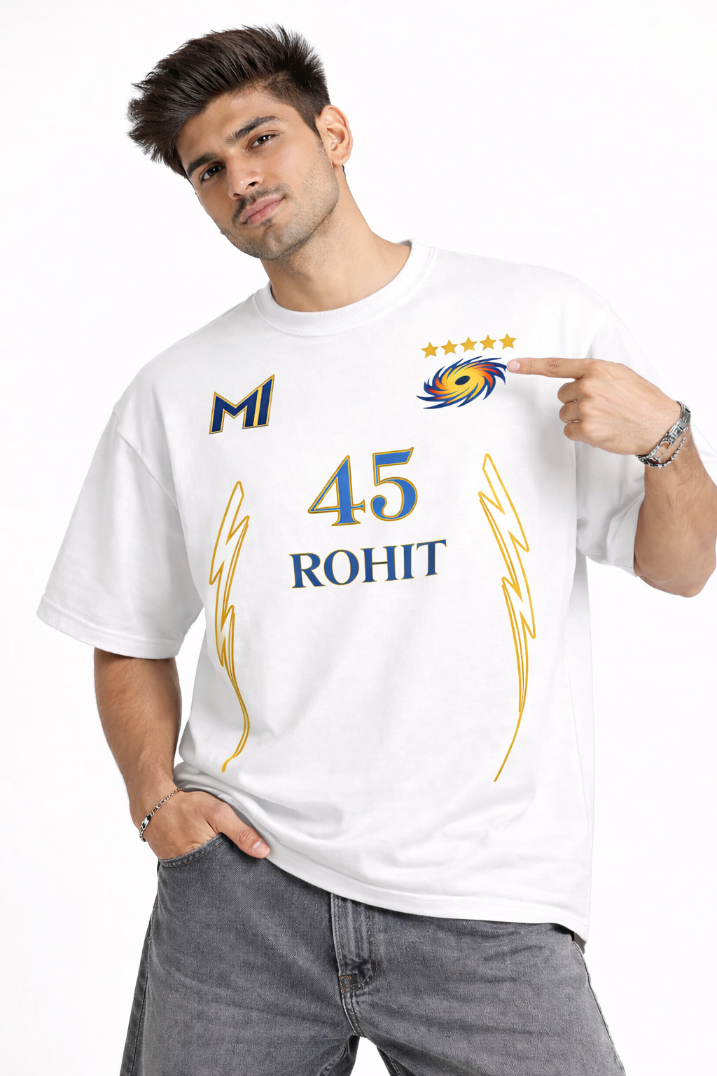 Rohit 45 – Mumbai Fan Edition Oversized T-Shirt | IPL Fan Jersey | Oversized Cricket T-Shirt White