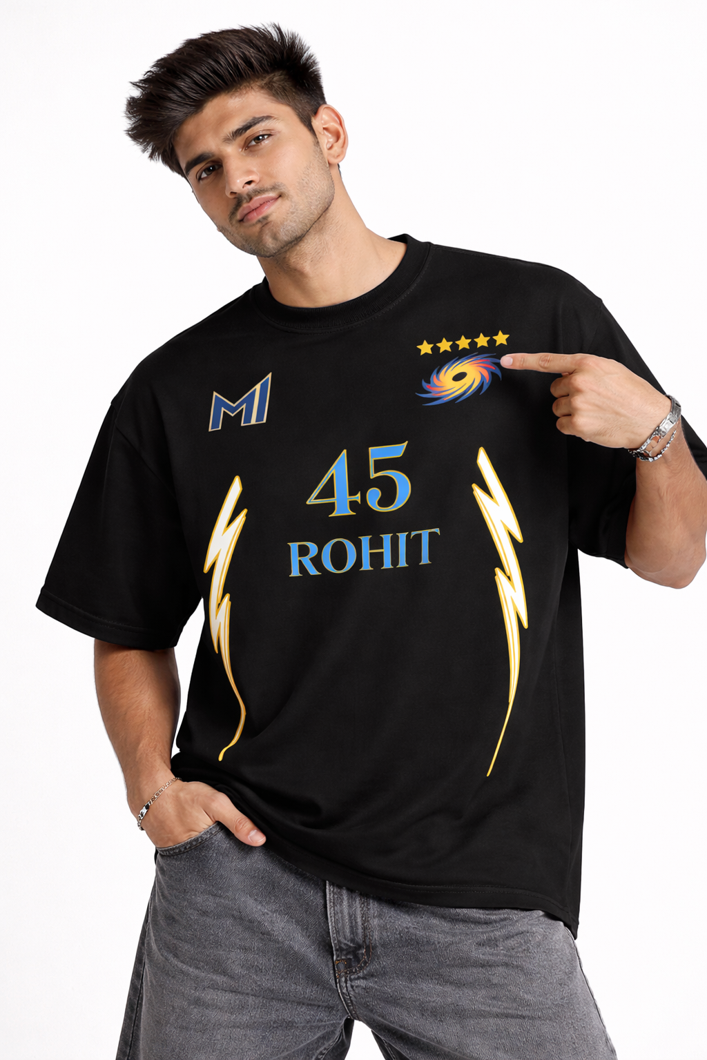 Rohit 45 – Mumbai Fan Edition Oversized T-Shirt | IPL Fan Jersey | Oversized Cricket T-Shirt Black