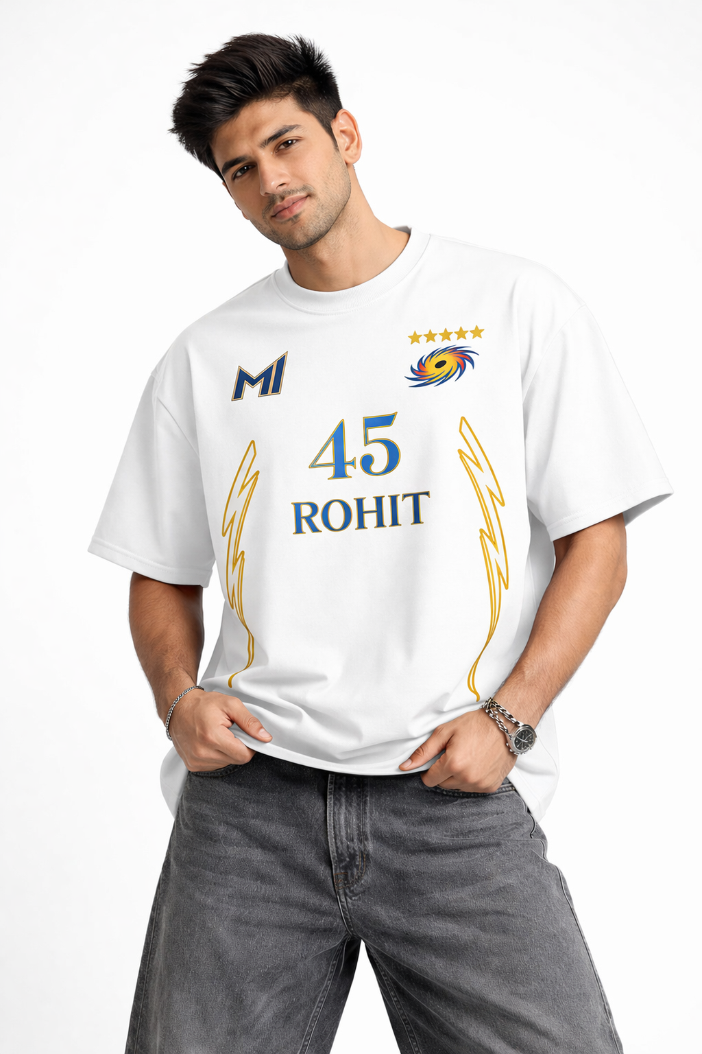 Rohit 45 – Mumbai Fan Edition Oversized T-Shirt | IPL Fan Jersey | Oversized Cricket T-Shirt White