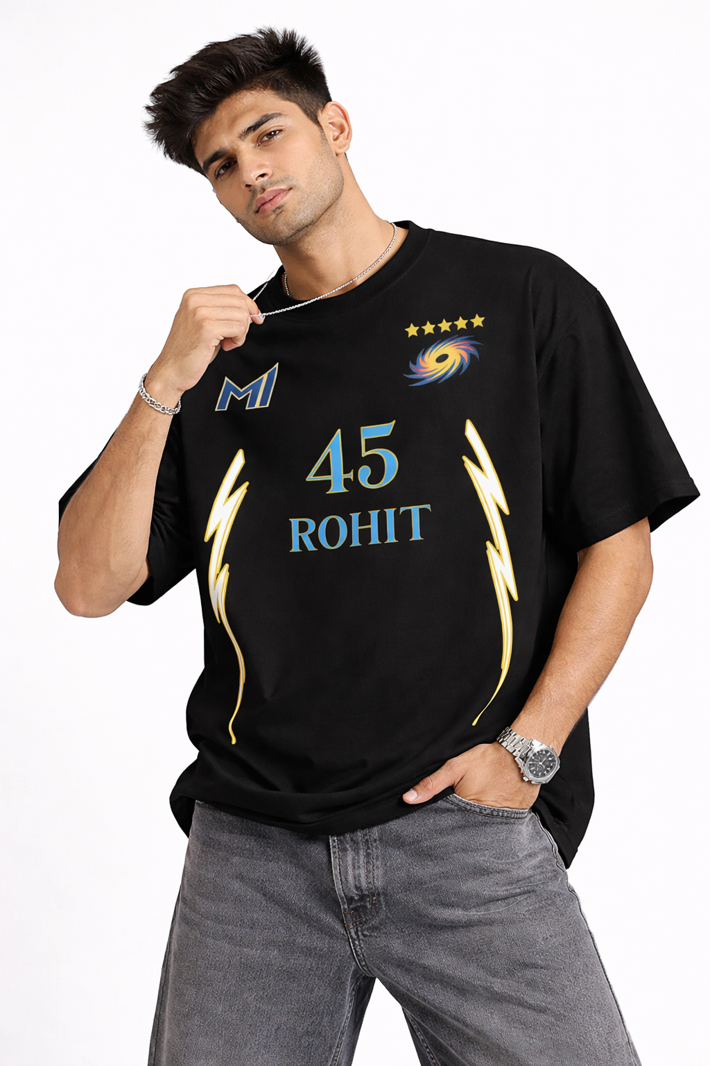 Rohit 45 – Mumbai Fan Edition Oversized T-Shirt | IPL Fan Jersey | Oversized Cricket T-Shirt Black