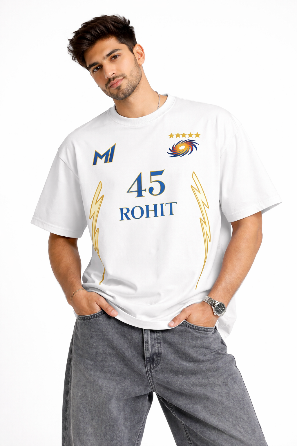 Rohit 45 – Mumbai Fan Edition Oversized T-Shirt | IPL Fan Jersey | Oversized Cricket T-Shirt White