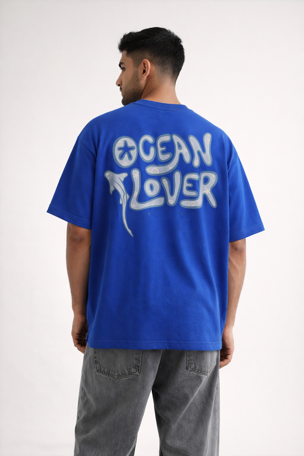 Ocean Lover Oversized Royal Blue T-Shirt – Dolphin Graphic Back Print Streetwear Tee