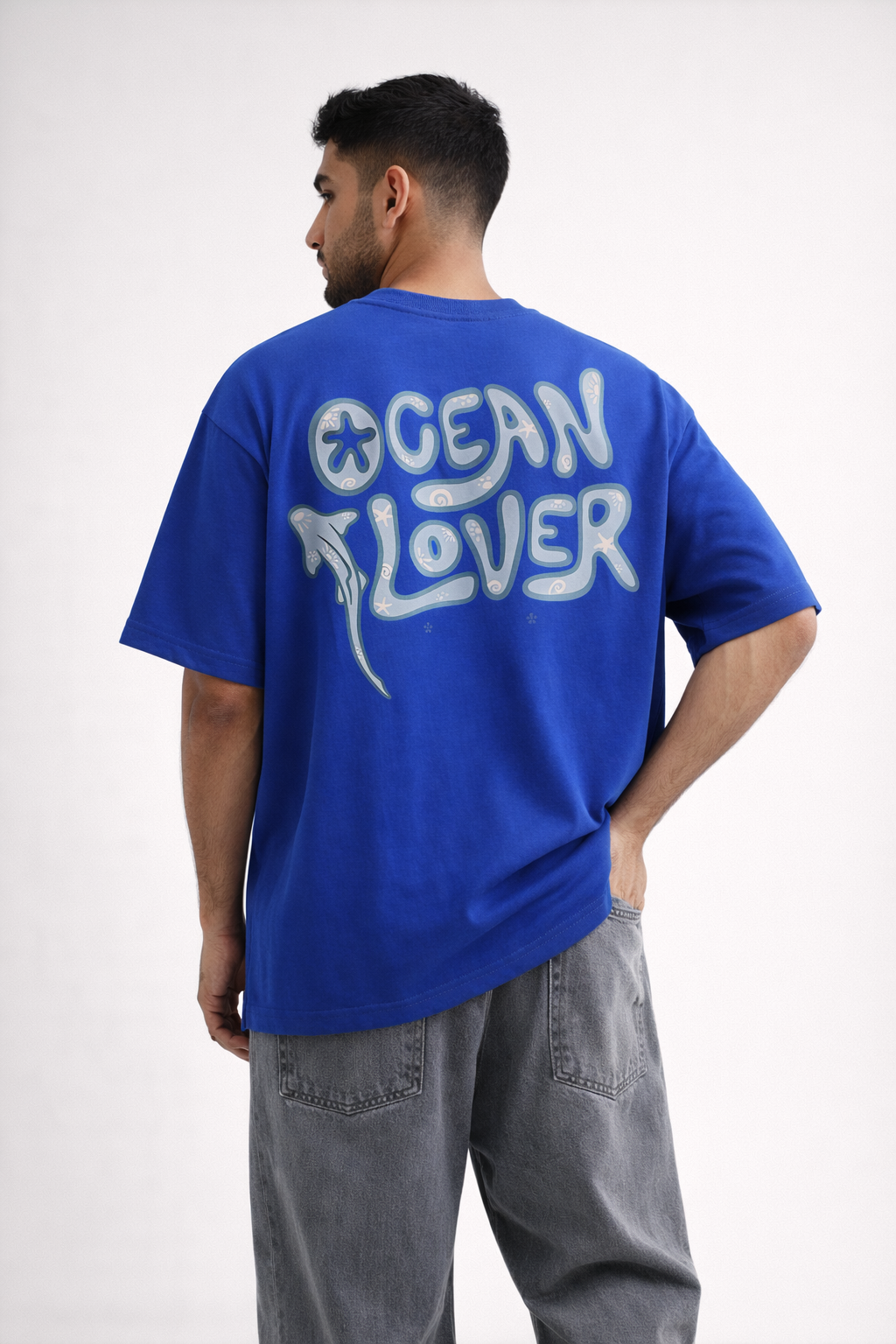 Ocean Lover Oversized Royal Blue T-Shirt – Dolphin Graphic Back Print Streetwear Tee