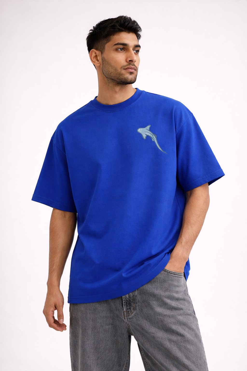 Ocean Lover Oversized Royal Blue T-Shirt – Dolphin Graphic Back Print Streetwear Tee