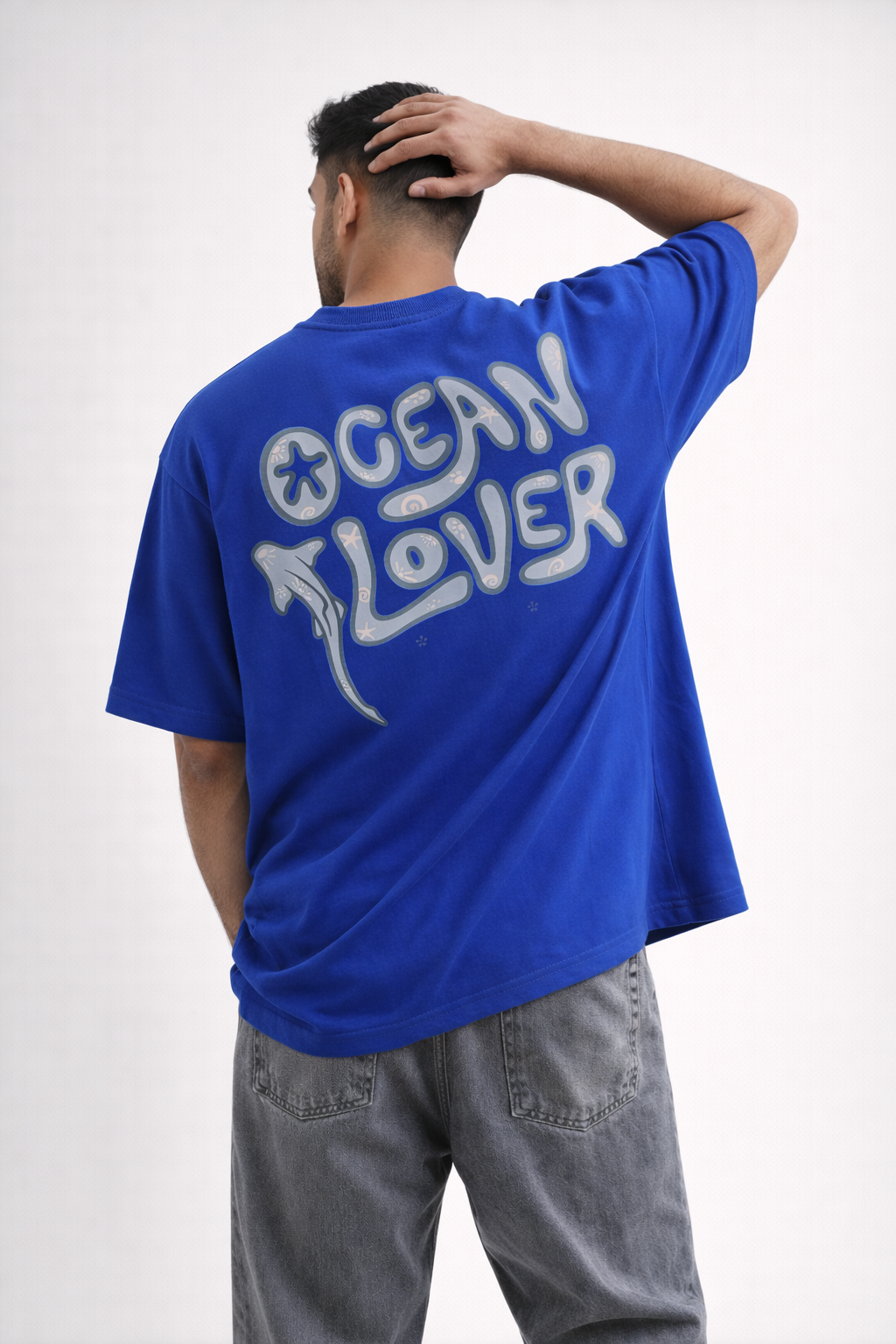 Ocean Lover Oversized Royal Blue T-Shirt – Dolphin Graphic Back Print Streetwear Tee