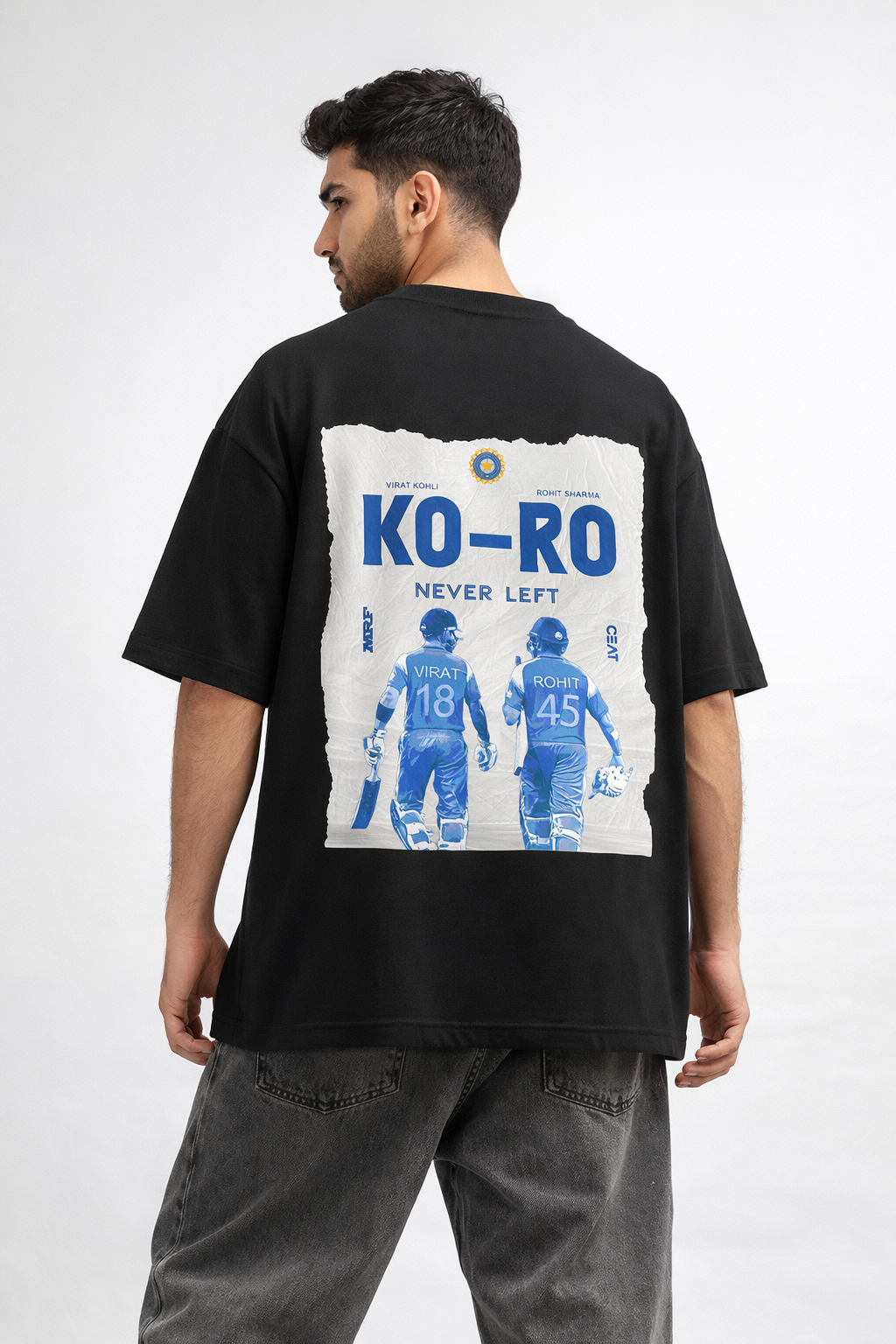 KO-RO Never Left Oversized Black T-Shirt – Virat Kohli & Rohit Sharma Graphic Tee