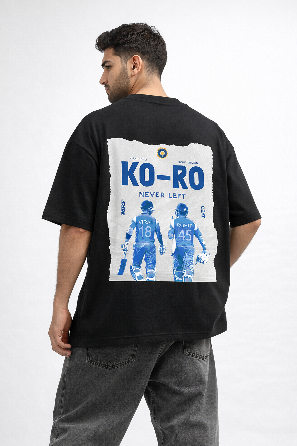 KO-RO Never Left Oversized Black T-Shirt – Virat Kohli & Rohit Sharma Graphic Tee