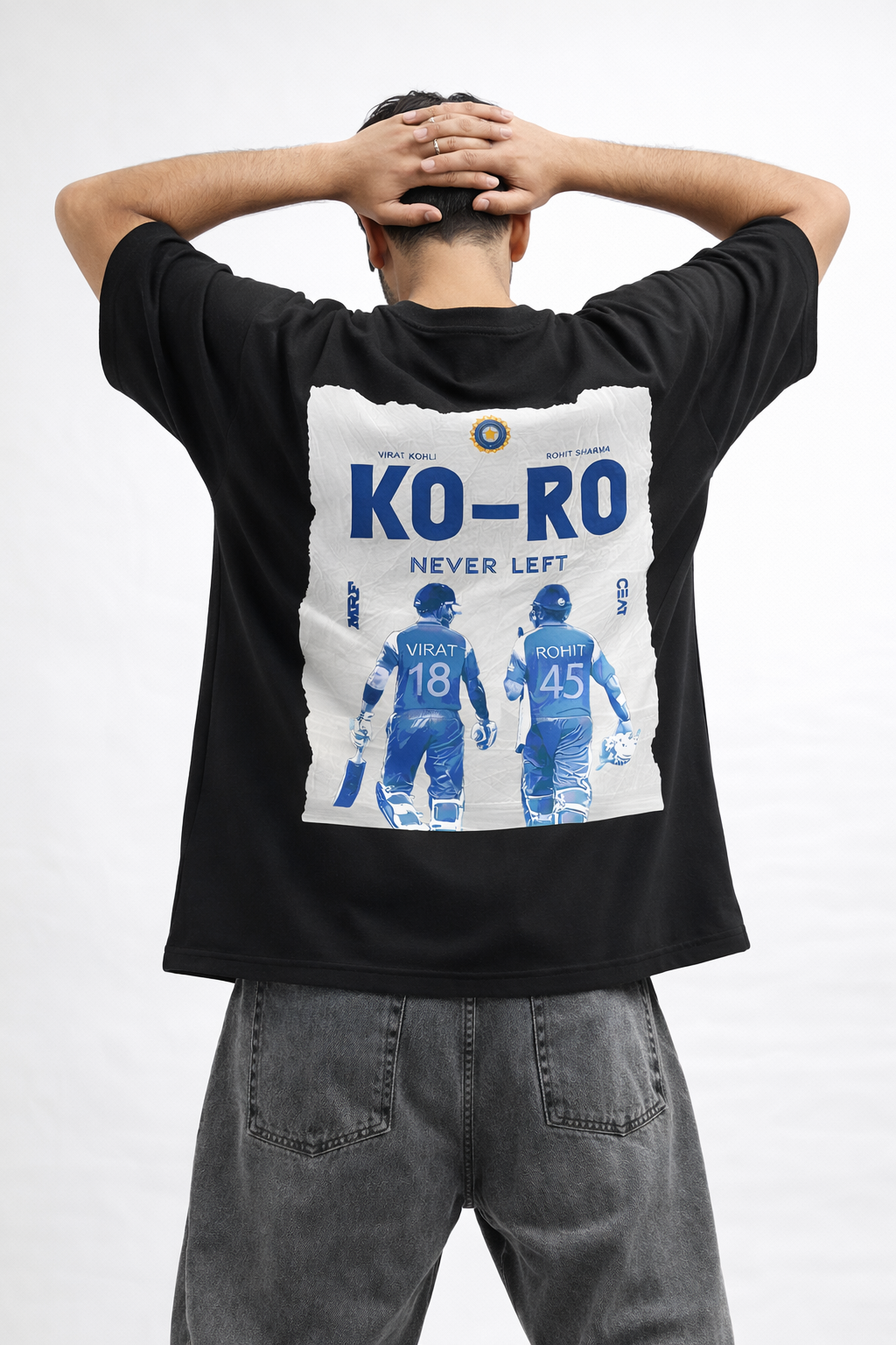 KO-RO Never Left Oversized Black T-Shirt – Virat Kohli & Rohit Sharma Graphic Tee