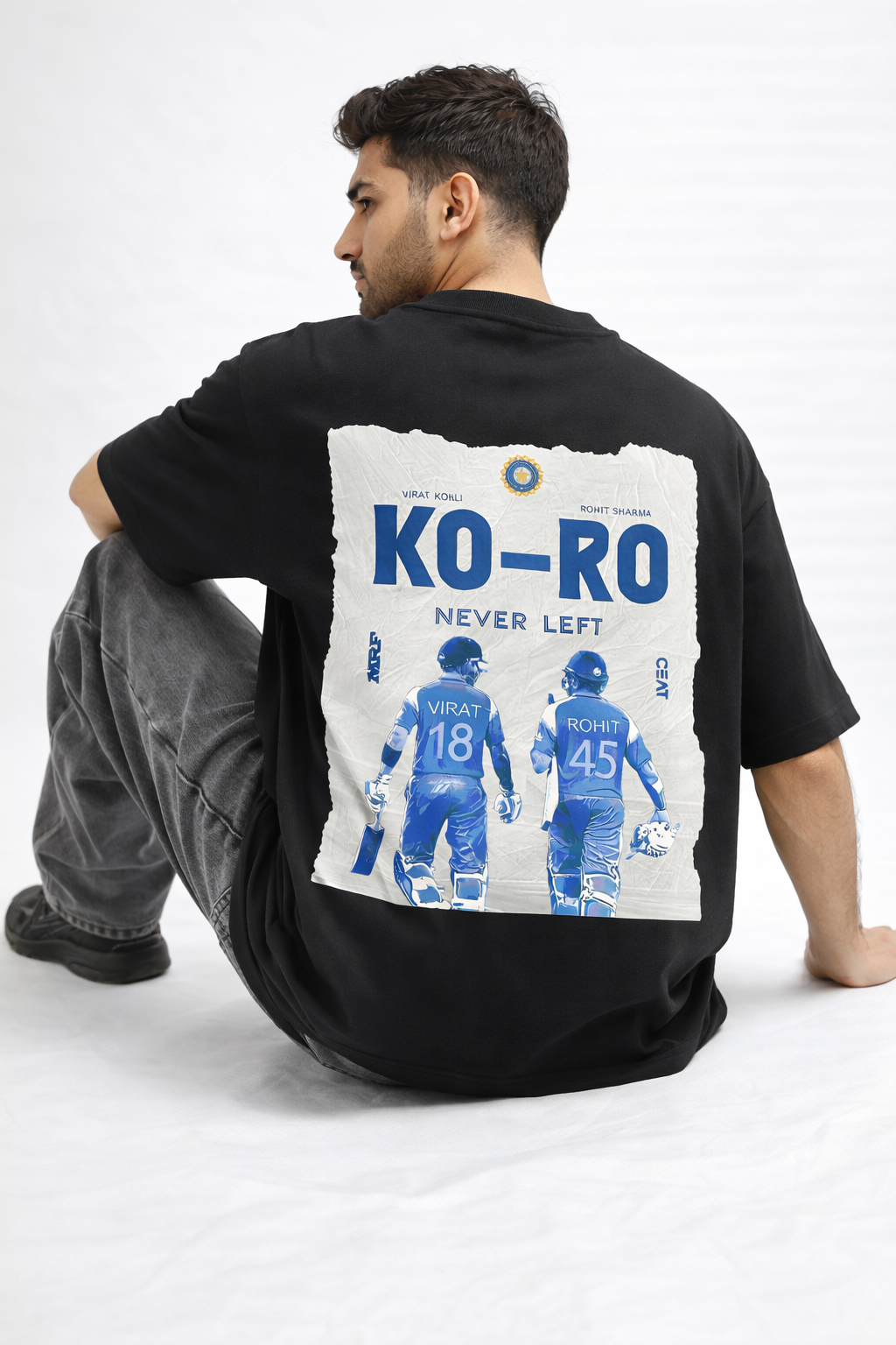 KO-RO Never Left Oversized Black T-Shirt – Virat Kohli & Rohit Sharma Graphic Tee