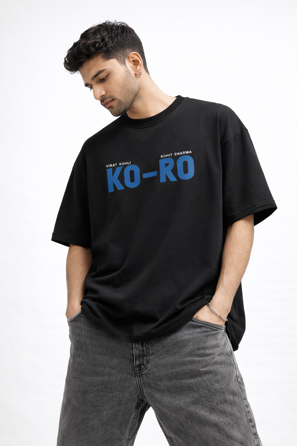 KO-RO Never Left Oversized Black T-Shirt – Virat Kohli & Rohit Sharma Graphic Tee
