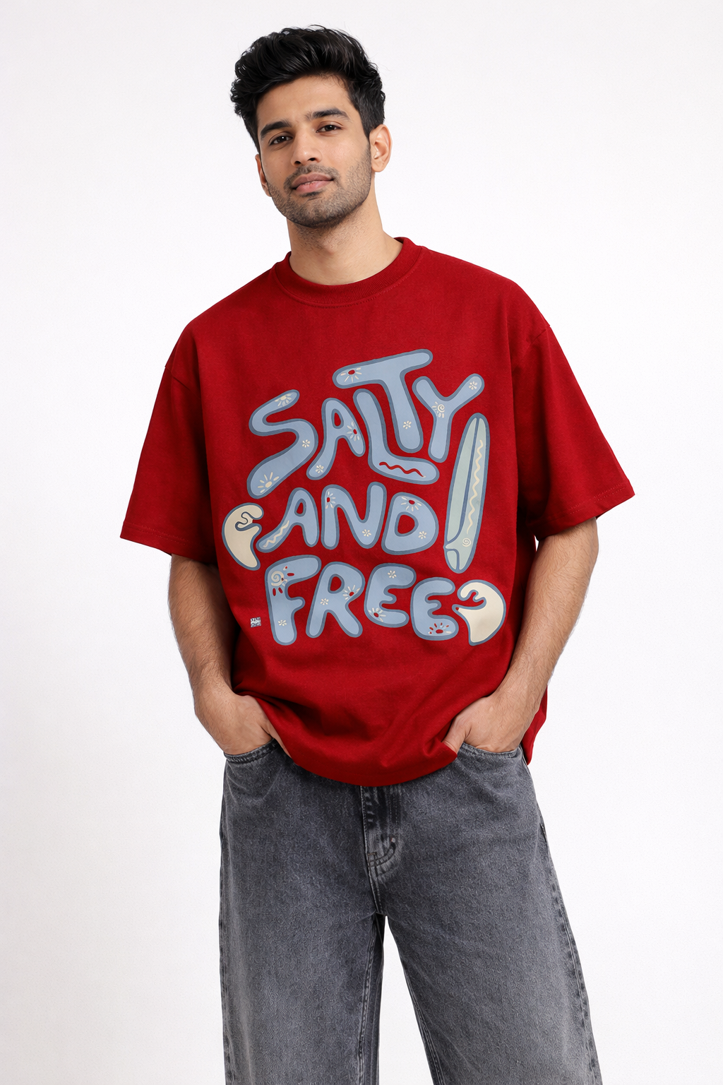 Salty and Free Oversized T-Shirt – Maroon Unisex Graphic Cotton Streetwear Tee