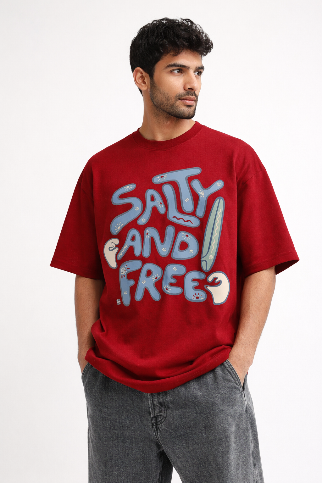 Salty and Free Oversized T-Shirt – Maroon Unisex Graphic Cotton Streetwear Tee