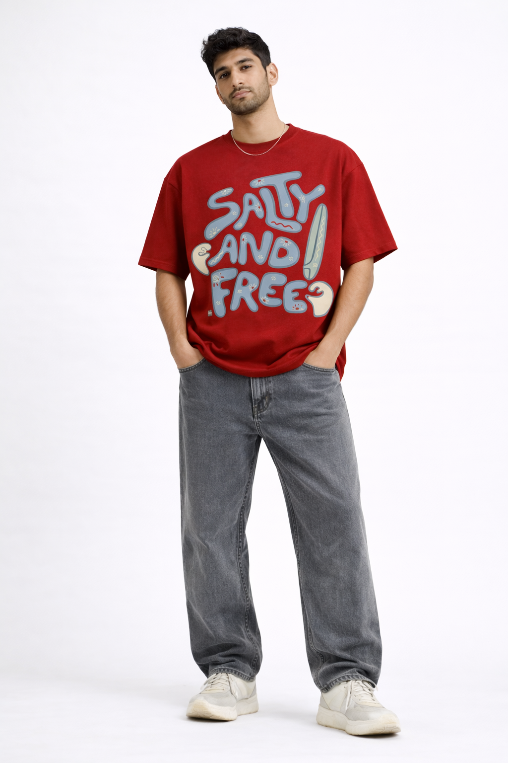 Salty and Free Oversized T-Shirt – Maroon Unisex Graphic Cotton Streetwear Tee