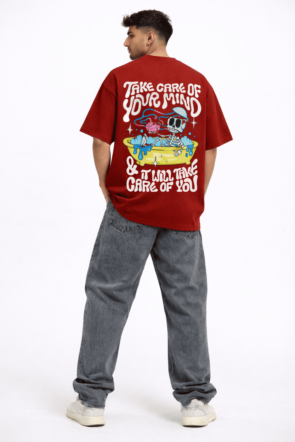 Take Care of Your Mind Oversized Graphic T-Shirt – Maroon | Unisex Streetwear Tee