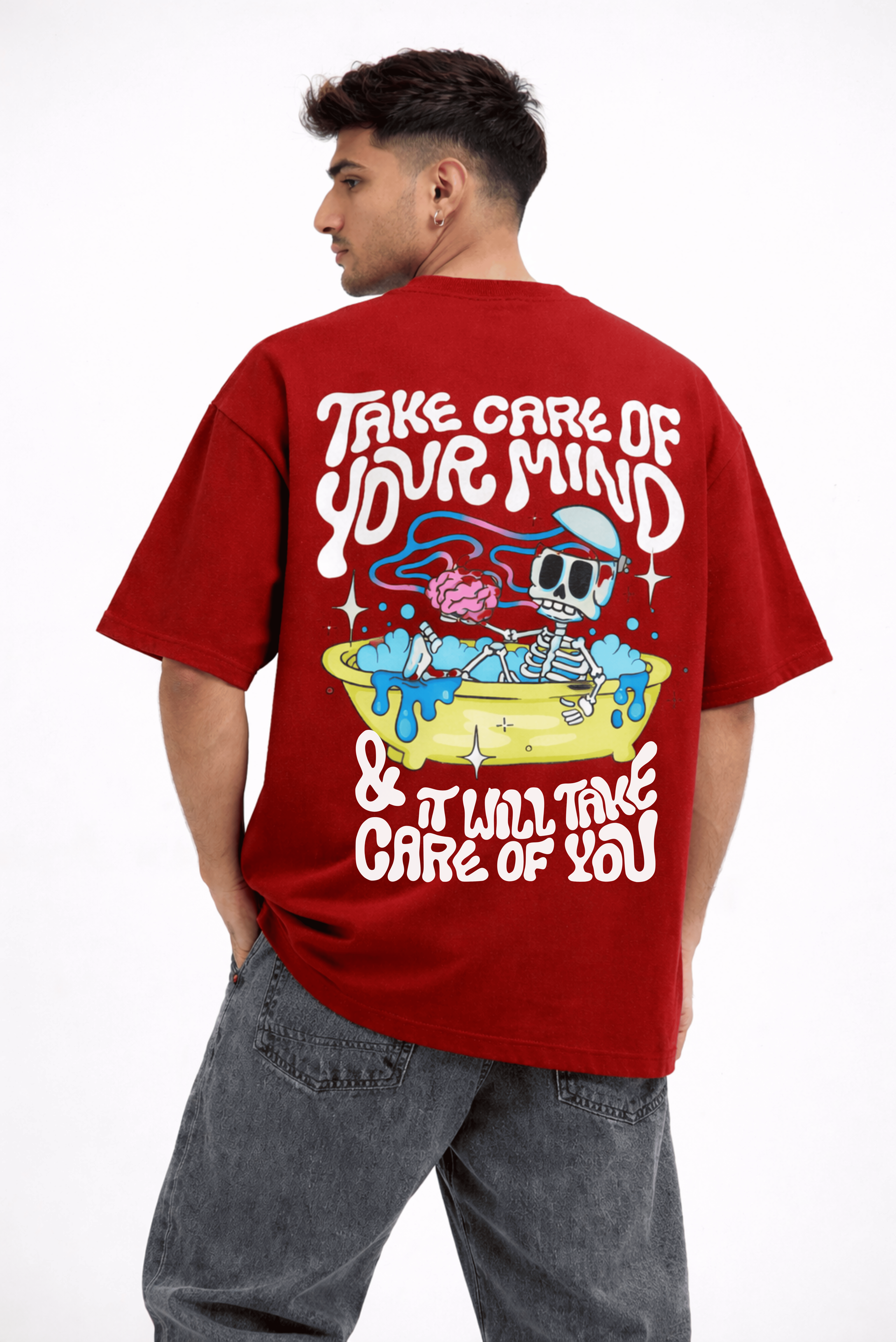 Take Care of Your Mind Oversized Graphic T-Shirt – Maroon | Unisex Streetwear Tee